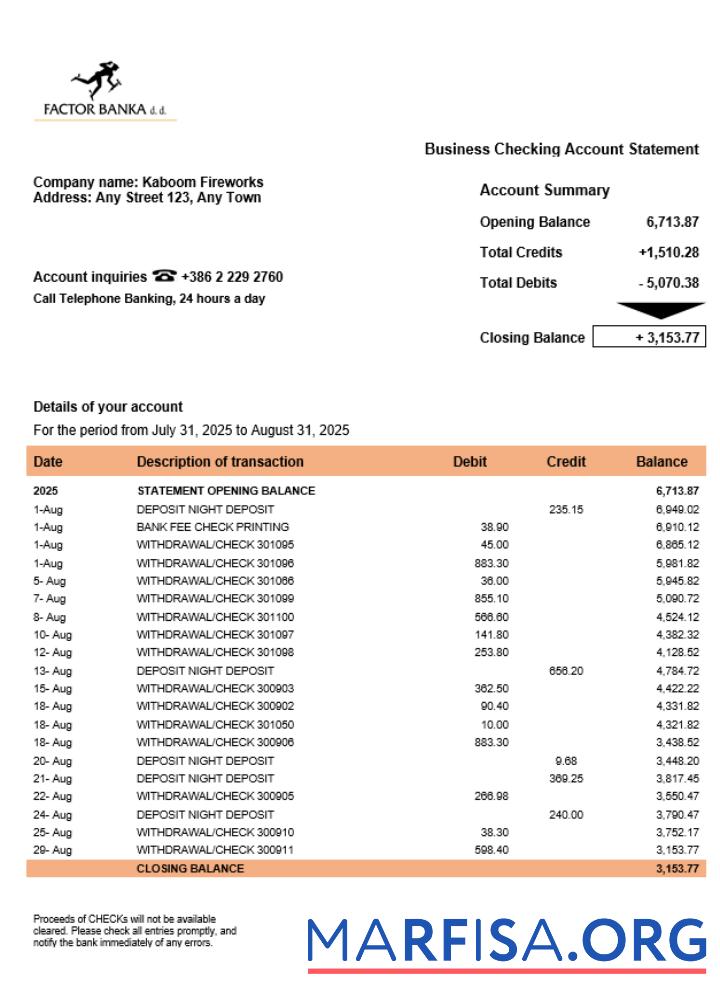 Printable Slovenia Factor Banka firm account statement Word and PDF template